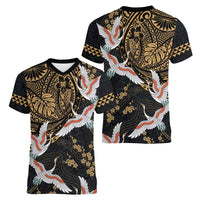 Hawaii and Japanese Together Women V-Neck T-Shirt Cranes Birds with Kakau Pattern LT03 - Polynesian Pride