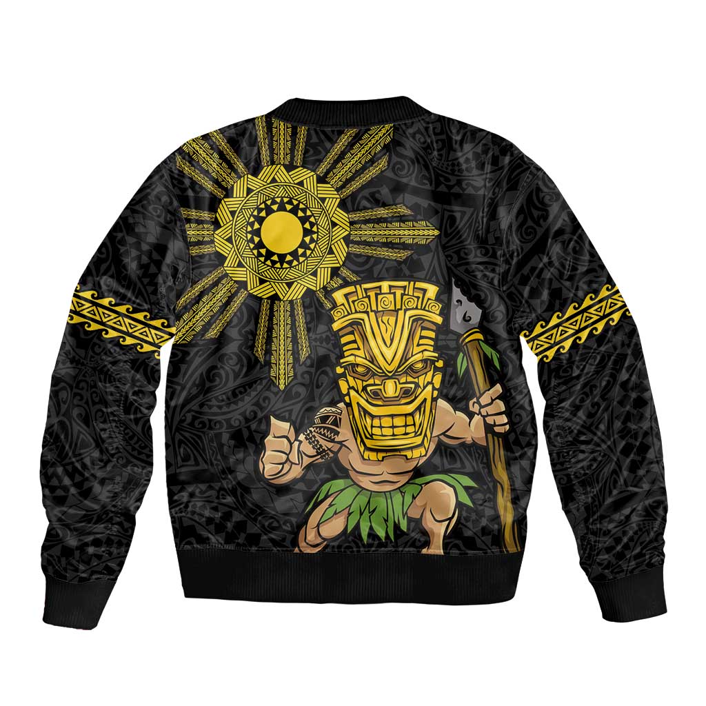 Hawaii and Philippines Together Bomber Jacket Warrior Tiki Mask and Filipino Sun Polynesian Style