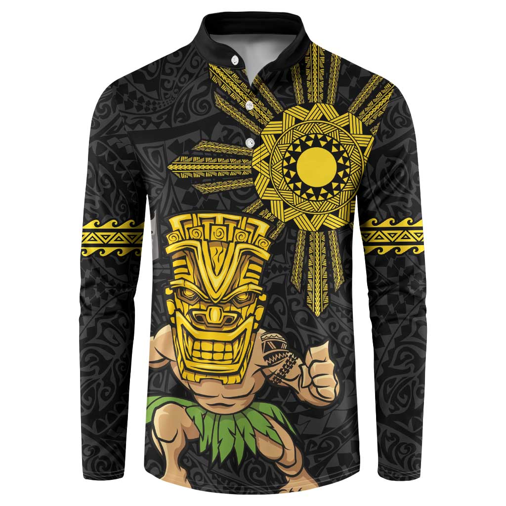 Hawaii and Philippines Together Button Sweatshirt Warrior Tiki Mask and Filipino Sun Polynesian Style