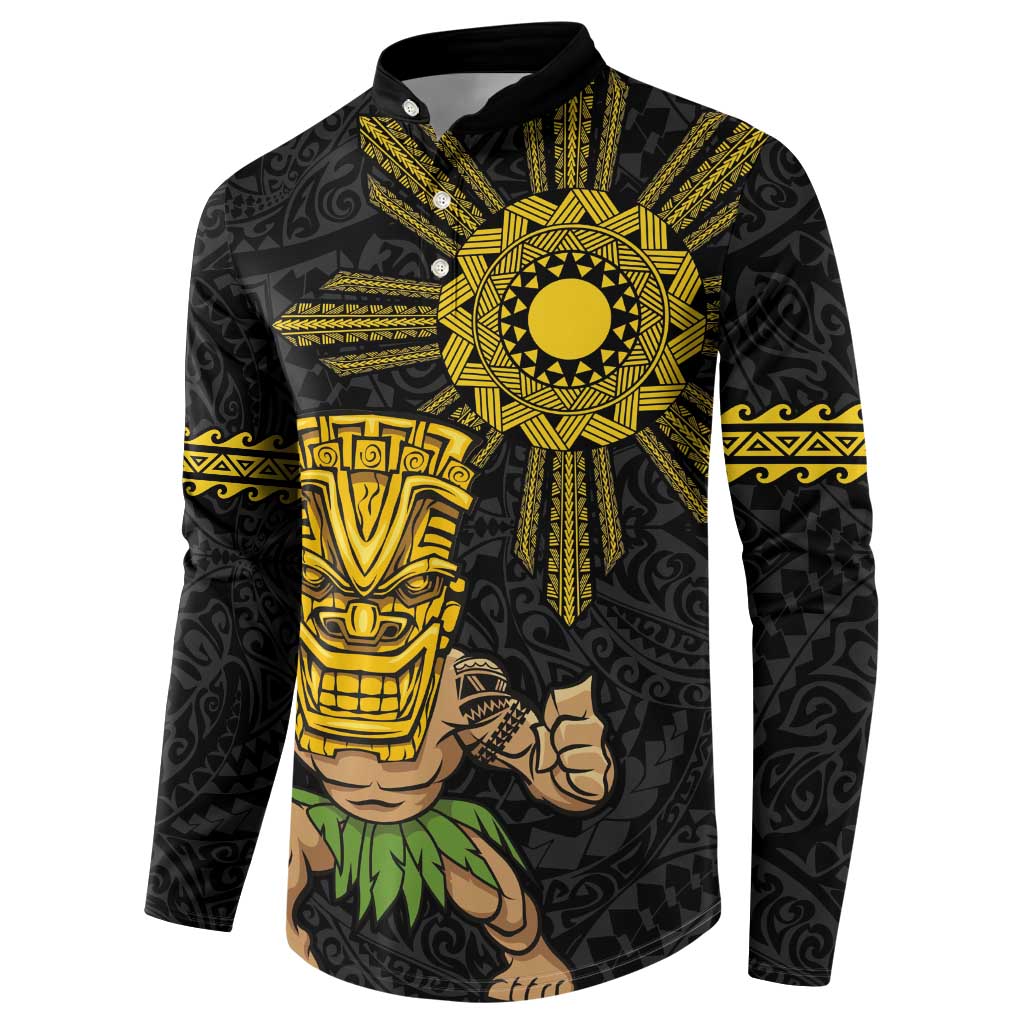 Hawaii and Philippines Together Button Sweatshirt Warrior Tiki Mask and Filipino Sun Polynesian Style