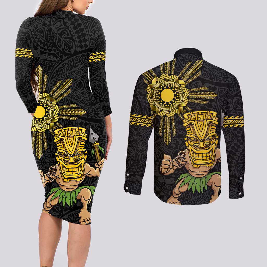 Hawaii and Philippines Together Couples Matching Long Sleeve Bodycon Dress and Long Sleeve Button Shirt Warrior Tiki Mask and Filipino Sun Polynesian Style