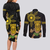 Hawaii and Philippines Together Couples Matching Long Sleeve Bodycon Dress and Long Sleeve Button Shirt Warrior Tiki Mask and Filipino Sun Polynesian Style