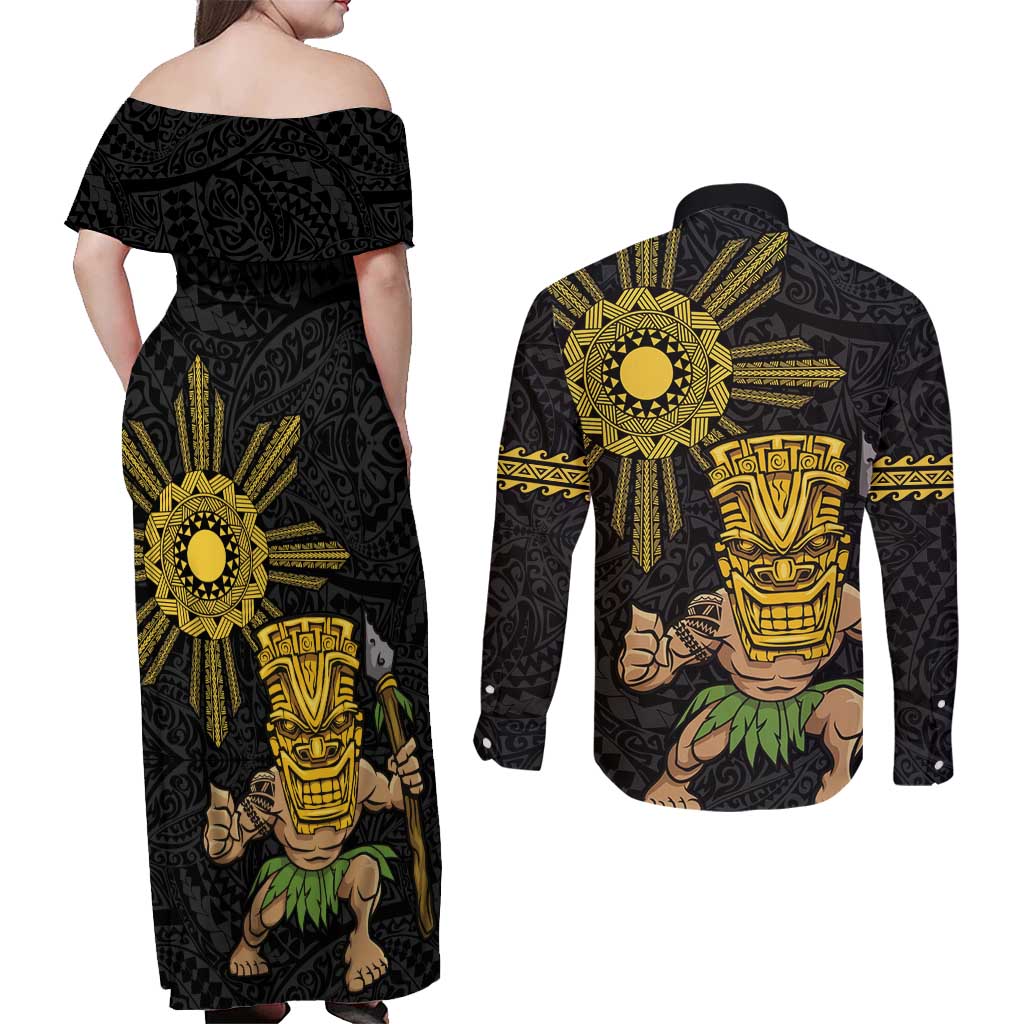Hawaii and Philippines Together Couples Matching Off Shoulder Maxi Dress and Long Sleeve Button Shirt Warrior Tiki Mask and Filipino Sun Polynesian Style
