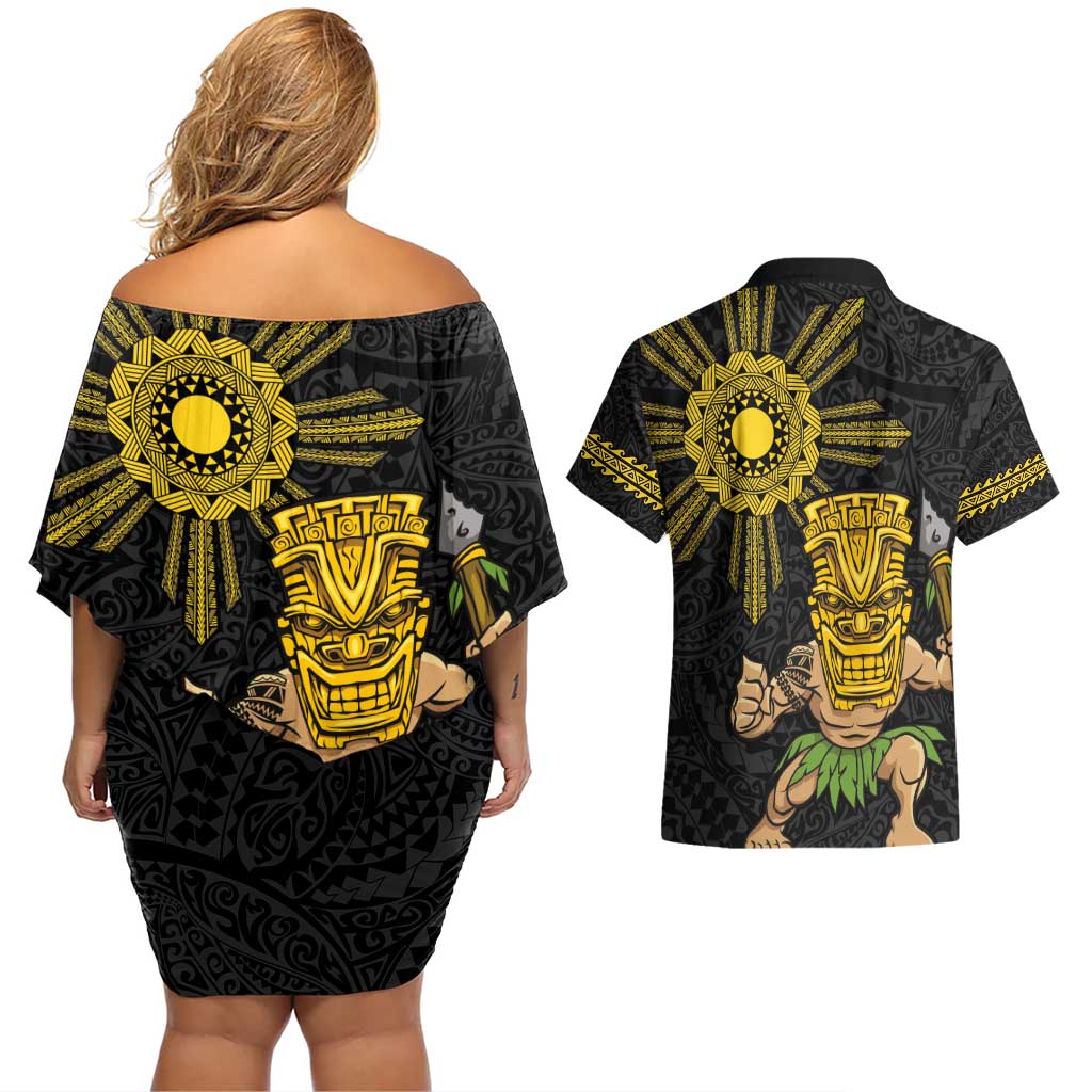 Hawaii and Philippines Together Couples Matching Off Shoulder Short Dress and Hawaiian Shirt Warrior Tiki Mask and Filipino Sun Polynesian Style