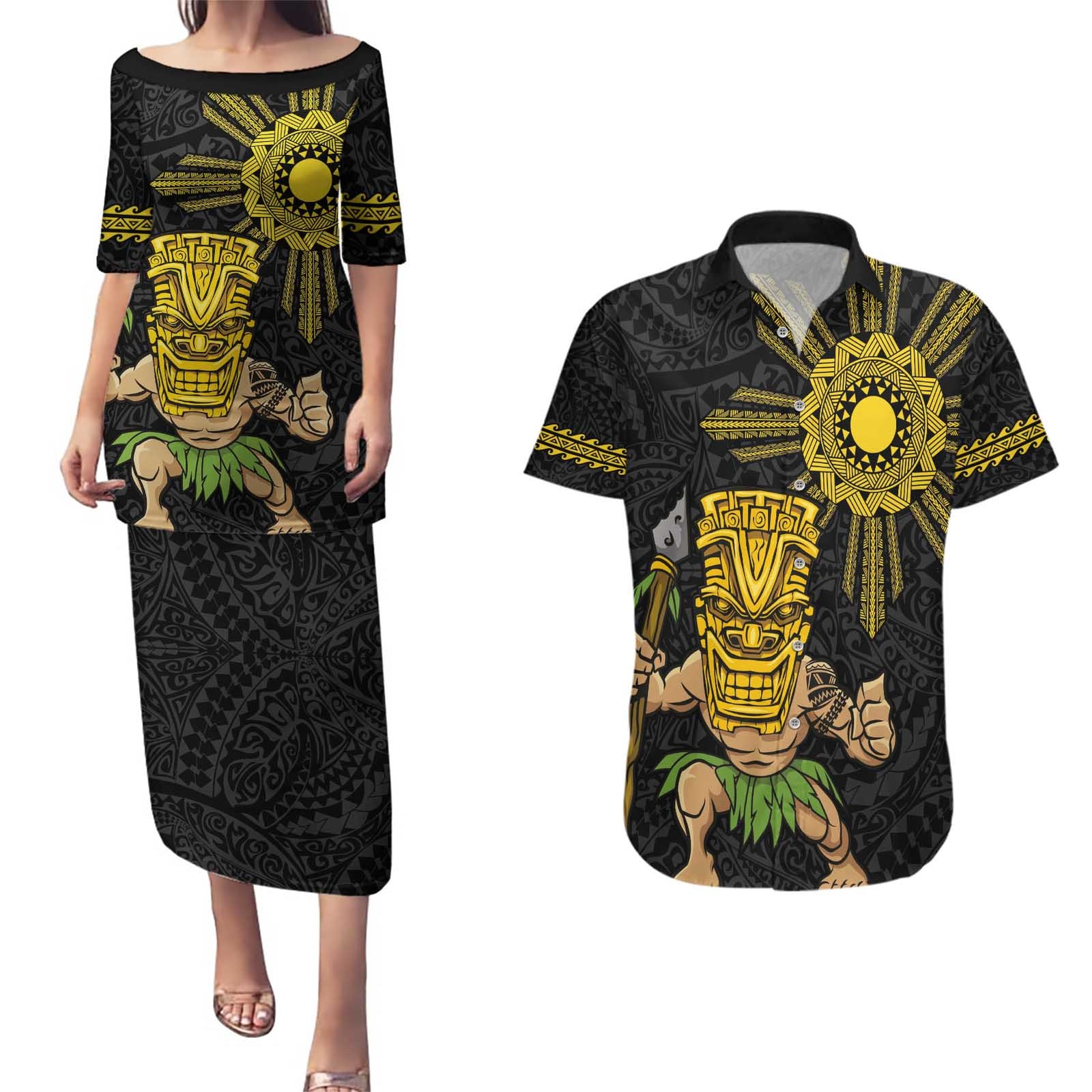 Hawaii and Philippines Together Couples Matching Puletasi and Hawaiian Shirt Warrior Tiki Mask and Filipino Sun Polynesian Style