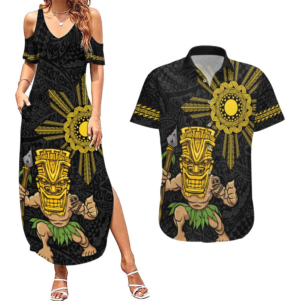 Hawaii and Philippines Together Couples Matching Summer Maxi Dress and Hawaiian Shirt Warrior Tiki Mask and Filipino Sun Polynesian Style