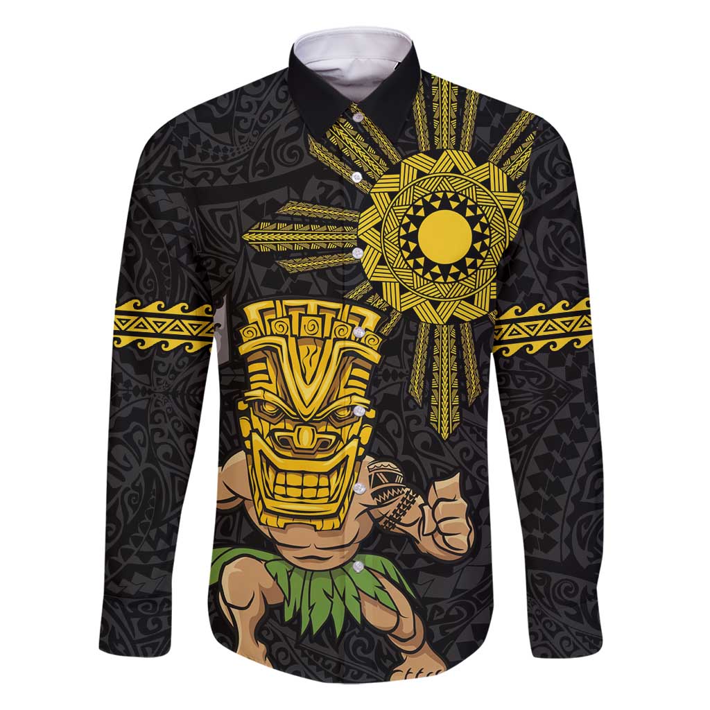 Hawaii and Philippines Together Family Matching Long Sleeve Bodycon Dress and Hawaiian Shirt Warrior Tiki Mask and Filipino Sun Polynesian Style LT03 Dad's Shirt - Long Sleeve Black - Polynesian Pride