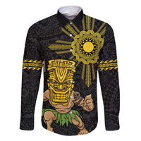 Hawaii and Philippines Together Family Matching Long Sleeve Bodycon Dress and Hawaiian Shirt Warrior Tiki Mask and Filipino Sun Polynesian Style LT03 Dad's Shirt - Long Sleeve Black - Polynesian Pride