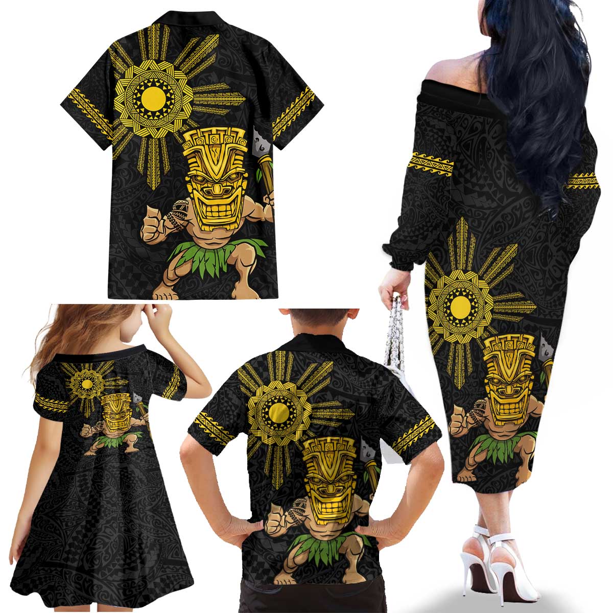 Hawaii and Philippines Together Family Matching Off The Shoulder Long Sleeve Dress and Hawaiian Shirt Warrior Tiki Mask and Filipino Sun Polynesian Style