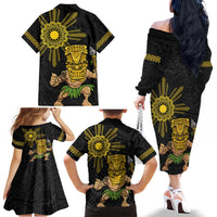 Hawaii and Philippines Together Family Matching Off The Shoulder Long Sleeve Dress and Hawaiian Shirt Warrior Tiki Mask and Filipino Sun Polynesian Style