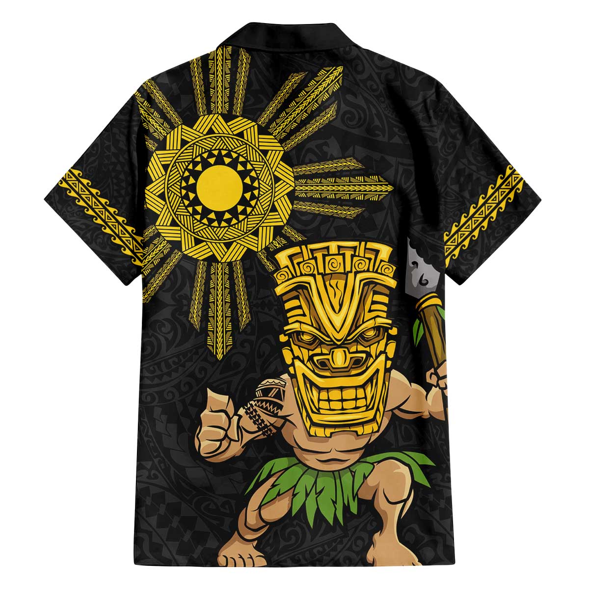 Hawaii and Philippines Together Family Matching Off The Shoulder Long Sleeve Dress and Hawaiian Shirt Warrior Tiki Mask and Filipino Sun Polynesian Style