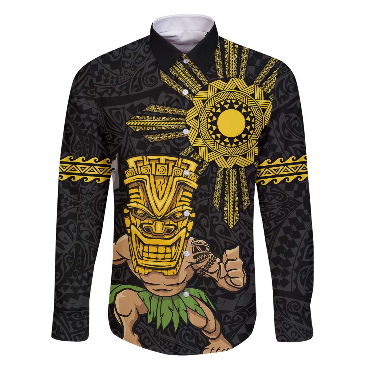 Hawaii and Philippines Together Family Matching Off The Shoulder Long Sleeve Dress and Hawaiian Shirt Warrior Tiki Mask and Filipino Sun Polynesian Style