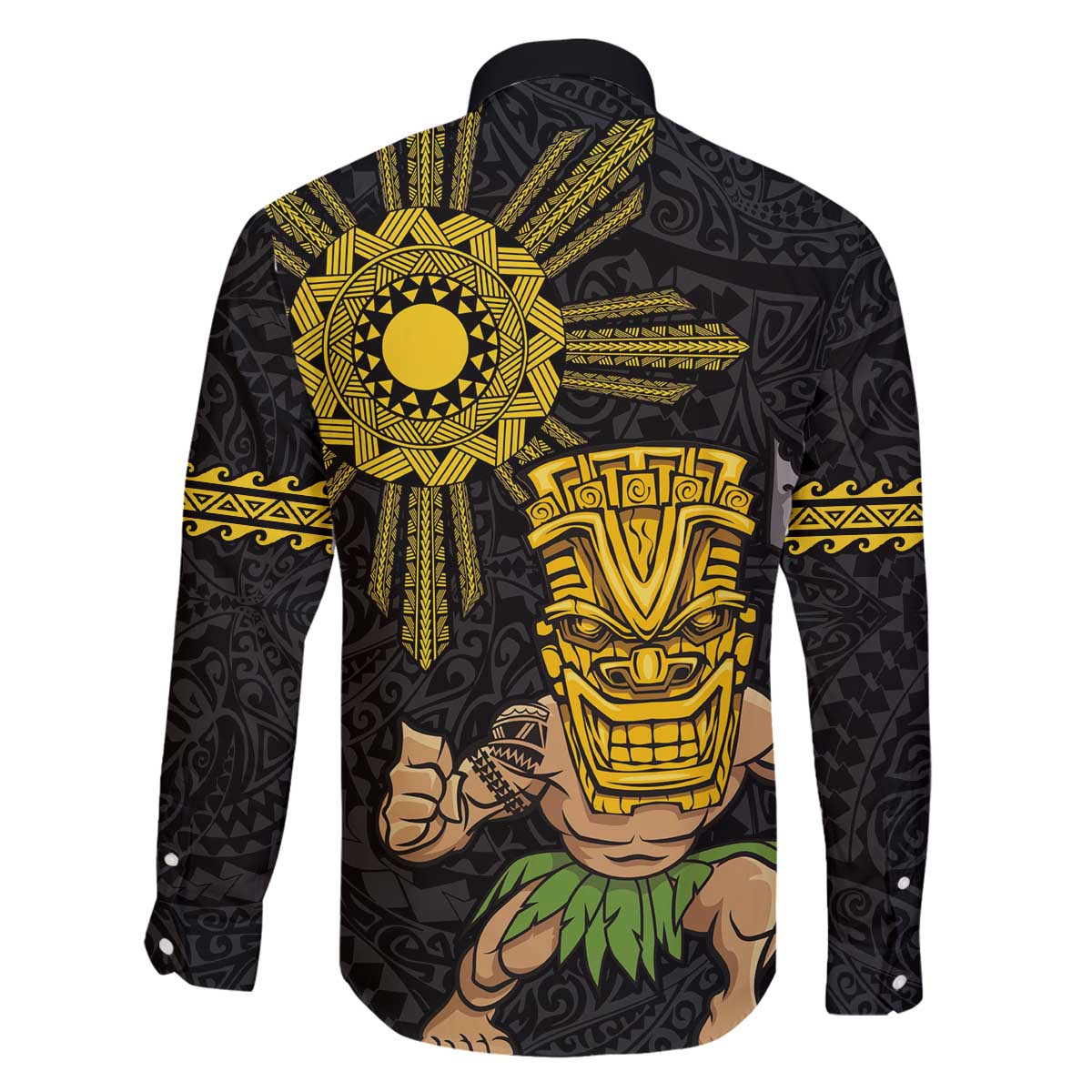 Hawaii and Philippines Together Family Matching Off The Shoulder Long Sleeve Dress and Hawaiian Shirt Warrior Tiki Mask and Filipino Sun Polynesian Style