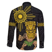 Hawaii and Philippines Together Family Matching Off The Shoulder Long Sleeve Dress and Hawaiian Shirt Warrior Tiki Mask and Filipino Sun Polynesian Style