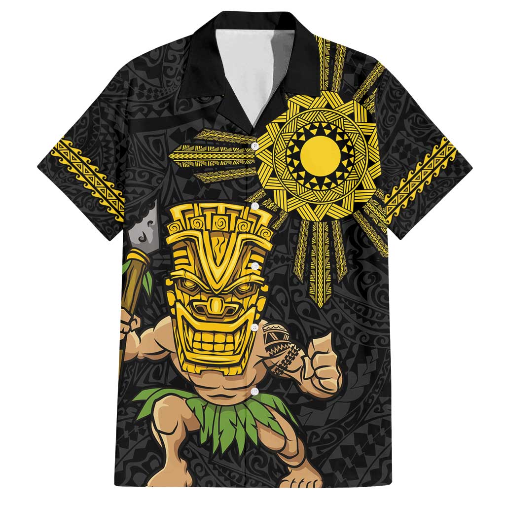 Hawaii and Philippines Together Family Matching Off Shoulder Short Dress and Hawaiian Shirt Warrior Tiki Mask and Filipino Sun Polynesian Style LT03 Dad's Shirt - Short Sleeve Black - Polynesian Pride