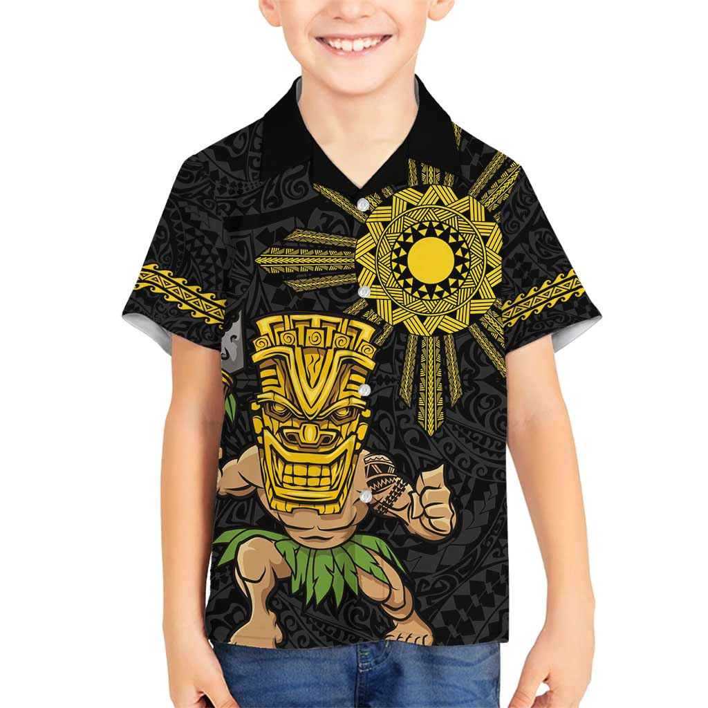 Hawaii and Philippines Together Family Matching Off Shoulder Short Dress and Hawaiian Shirt Warrior Tiki Mask and Filipino Sun Polynesian Style LT03 Son's Shirt Black - Polynesian Pride
