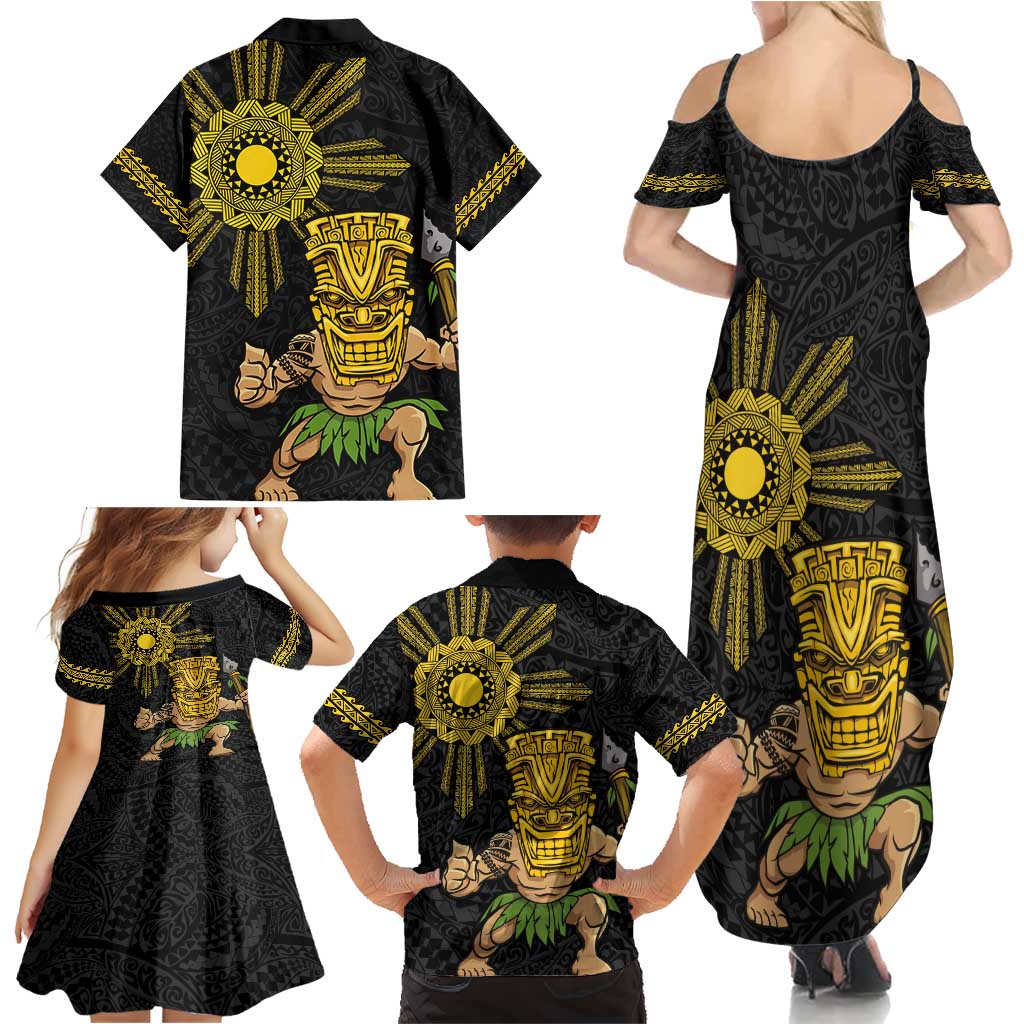 Hawaii and Philippines Together Family Matching Summer Maxi Dress and Hawaiian Shirt Warrior Tiki Mask and Filipino Sun Polynesian Style