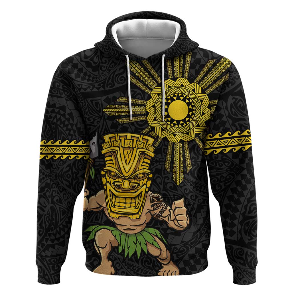 Hawaii and Philippines Together Hoodie Warrior Tiki Mask and Filipino Sun Polynesian Style LT03 Pullover Hoodie Black - Polynesian Pride