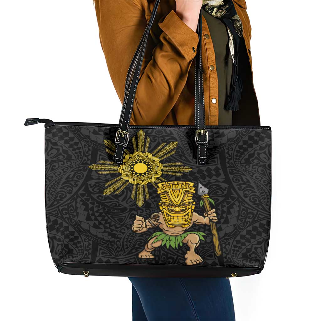 Hawaii and Philippines Together Leather Tote Bag Warrior Tiki Mask and Filipino Sun Polynesian Style