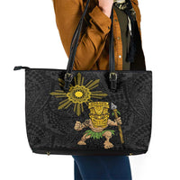 Hawaii and Philippines Together Leather Tote Bag Warrior Tiki Mask and Filipino Sun Polynesian Style