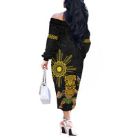 Hawaii and Philippines Together Off The Shoulder Long Sleeve Dress Warrior Tiki Mask and Filipino Sun Polynesian Style