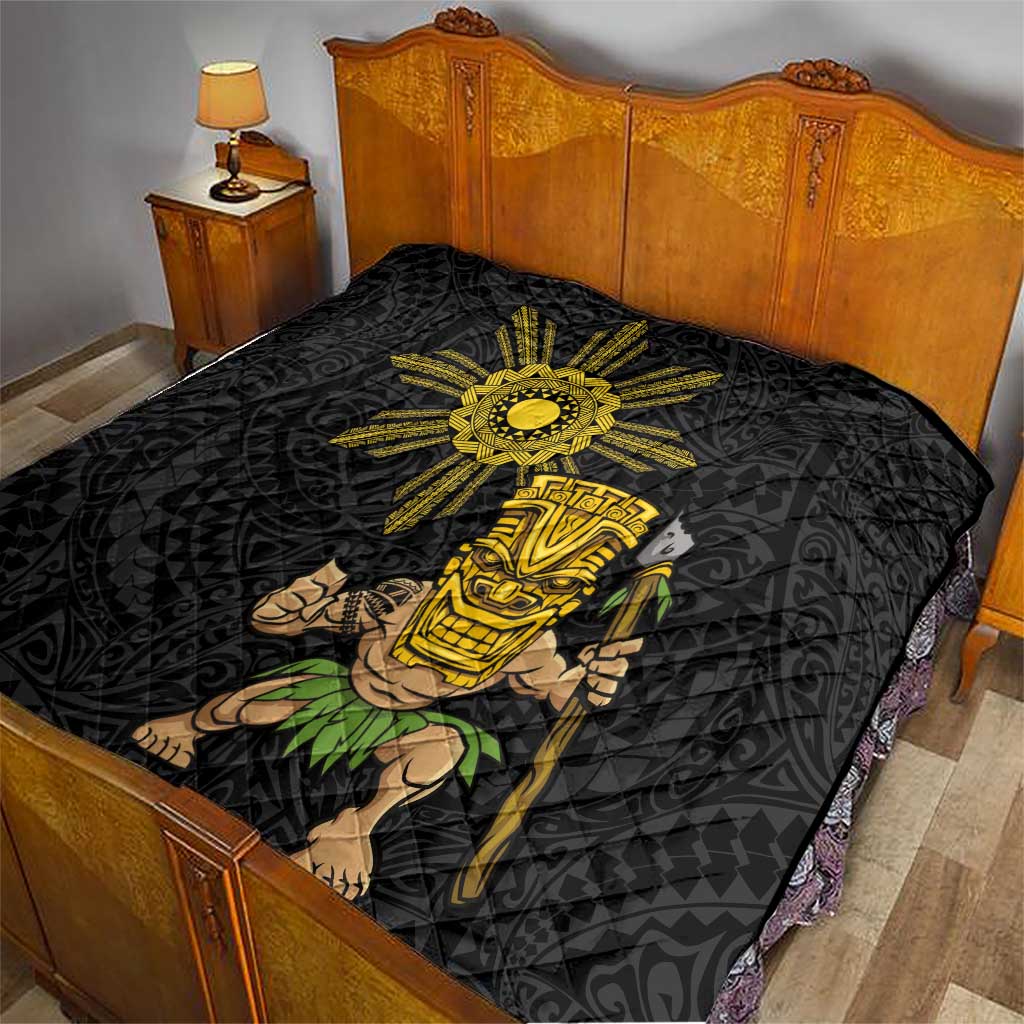 Hawaii and Philippines Together Quilt Warrior Tiki Mask and Filipino Sun Polynesian Style