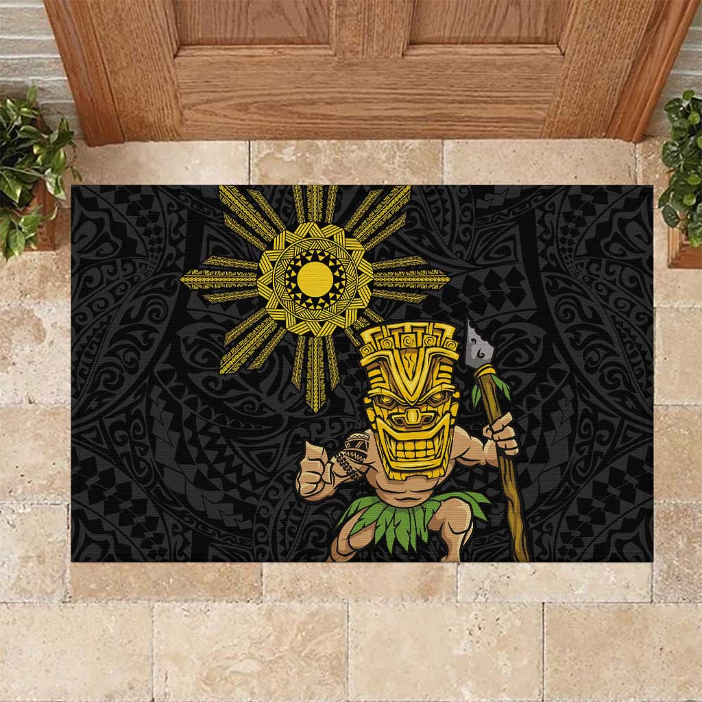 Hawaii and Philippines Together Rubber Doormat Warrior Tiki Mask and Filipino Sun Polynesian Style