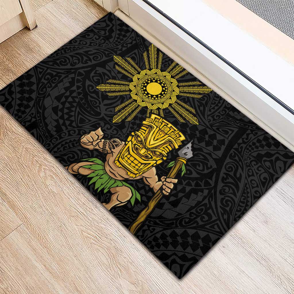 Hawaii and Philippines Together Rubber Doormat Warrior Tiki Mask and Filipino Sun Polynesian Style