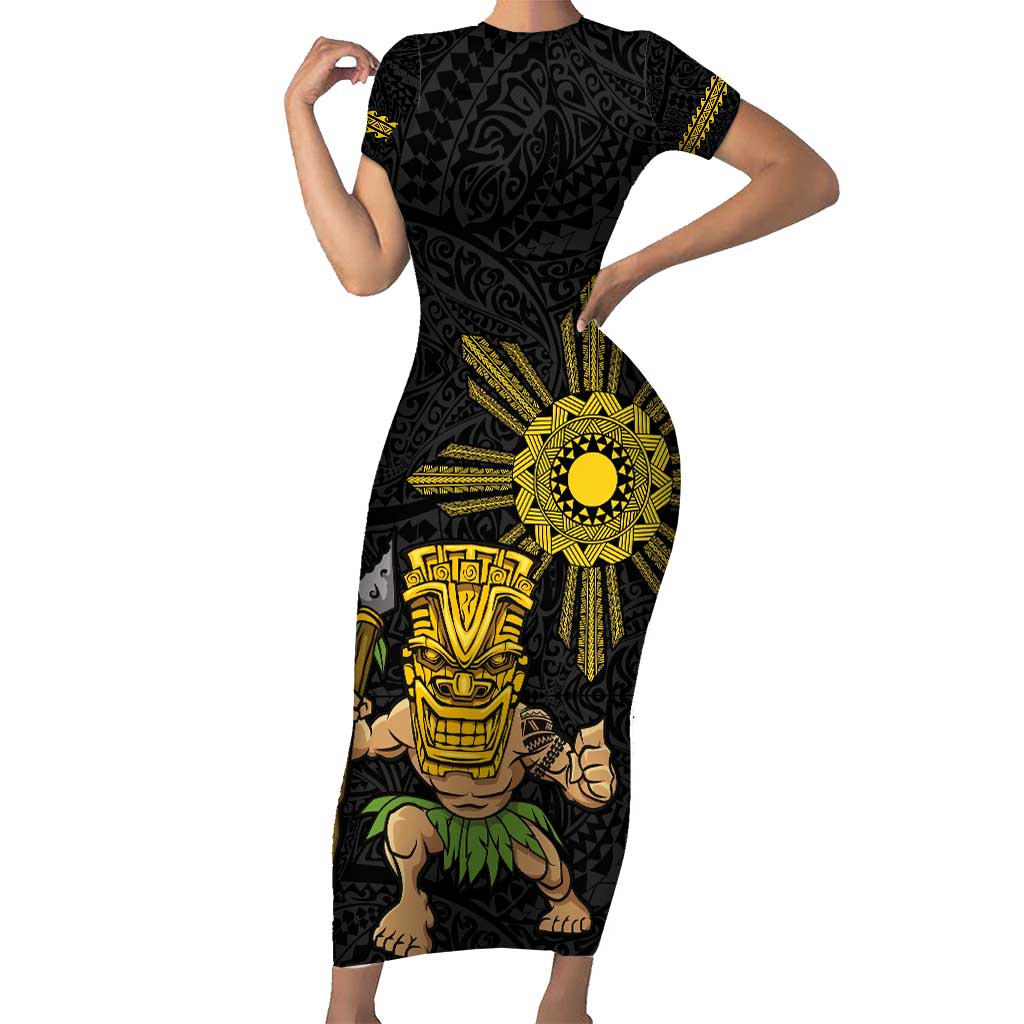 Hawaii and Philippines Together Short Sleeve Bodycon Dress Warrior Tiki Mask and Filipino Sun Polynesian Style