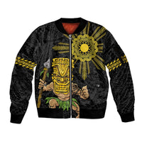 Hawaii and Philippines Together Sleeve Zip Bomber Jacket Warrior Tiki Mask and Filipino Sun Polynesian Style