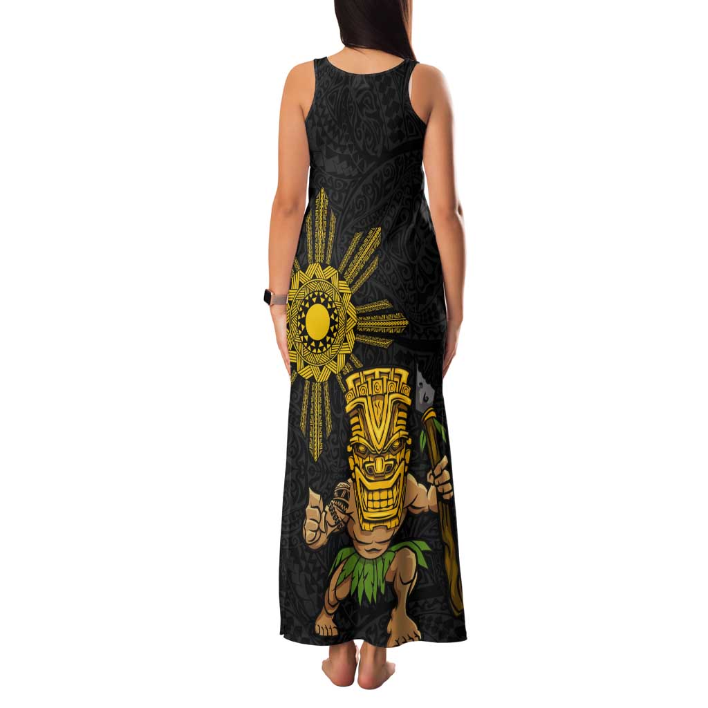 Hawaii and Philippines Together Tank Maxi Dress Warrior Tiki Mask and Filipino Sun Polynesian Style