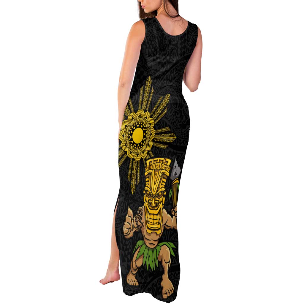 Hawaii and Philippines Together Tank Maxi Dress Warrior Tiki Mask and Filipino Sun Polynesian Style