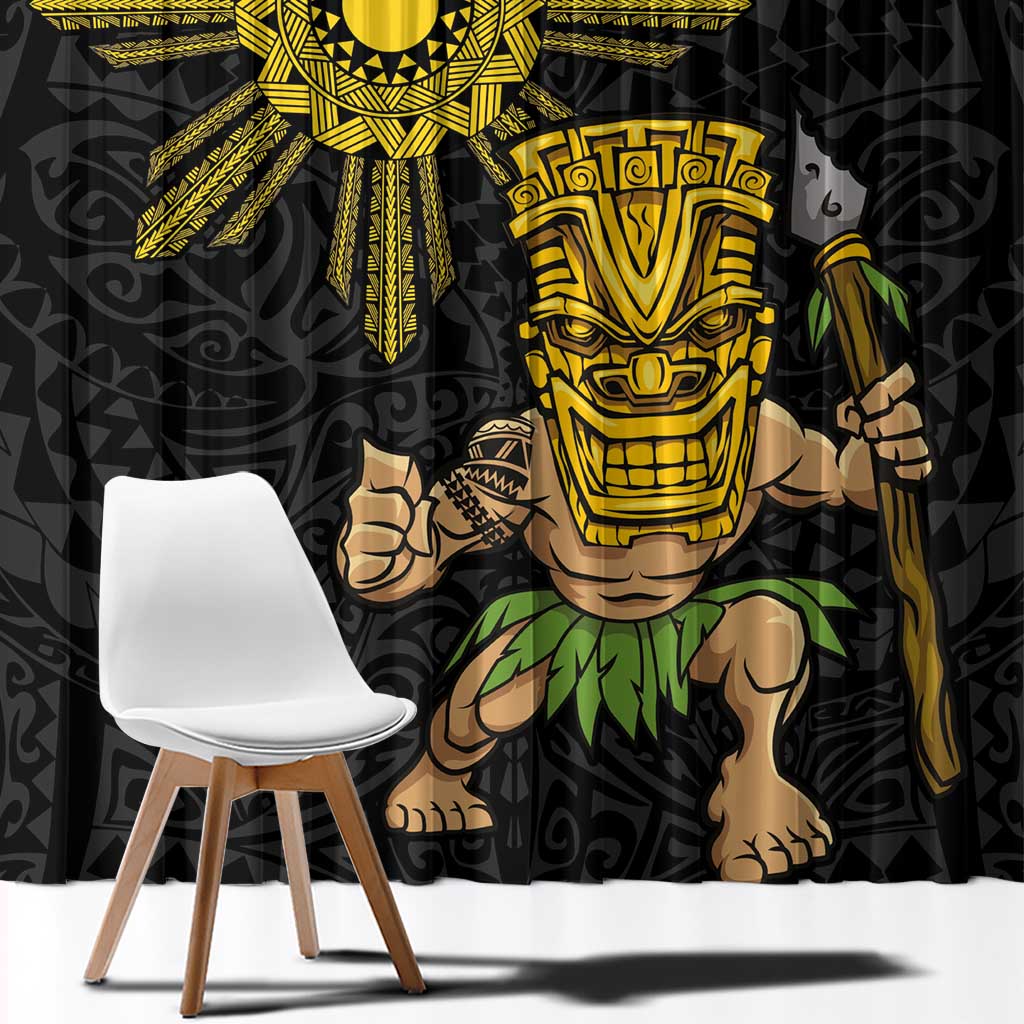 Hawaii and Philippines Together Window Curtain Warrior Tiki Mask and Filipino Sun Polynesian Style