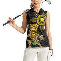 Hawaii and Philippines Together Women Sleeveless Polo Shirt Warrior Tiki Mask and Filipino Sun Polynesian Style