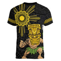 Hawaii and Philippines Together Women V-Neck T-Shirt Warrior Tiki Mask and Filipino Sun Polynesian Style