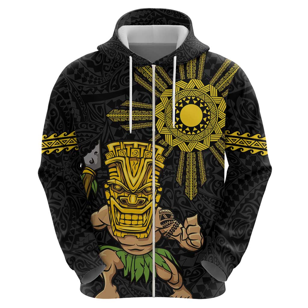 Hawaii and Philippines Together Zip Hoodie Warrior Tiki Mask and Filipino Sun Polynesian Style