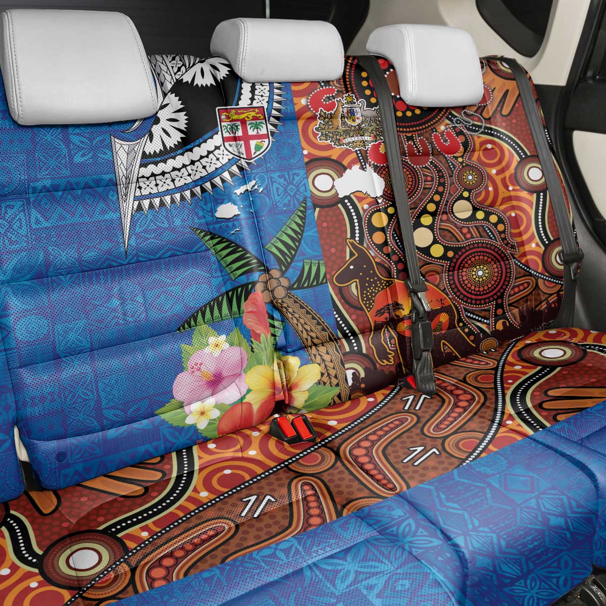 Fiji and Australia Together Back Car Seat Cover Fijian Tapa Plants with Kangaroo and Aboriginal - Polynesian Pride