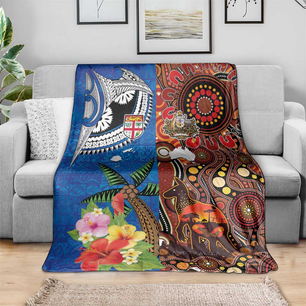 Fiji and Australia Together Blanket Fijian Tapa Plants with Kangaroo and Aboriginal - Polynesian Pride