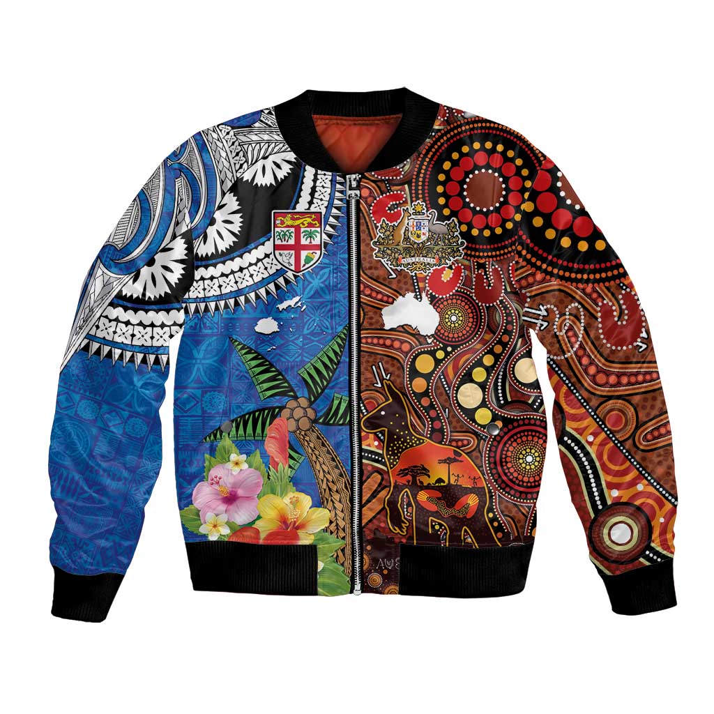 Fiji and Australia Together Bomber Jacket Fijian Tapa Plants with Kangaroo and Aboriginal LT03 Unisex Black - Polynesian Pride