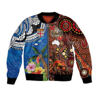 Fiji and Australia Together Bomber Jacket Fijian Tapa Plants with Kangaroo and Aboriginal LT03 Unisex Black - Polynesian Pride