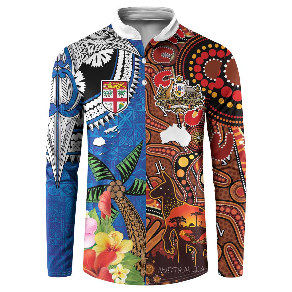 Fiji and Australia Together Button Sweatshirt Fijian Tapa Plants with Kangaroo and Aboriginal - Polynesian Pride