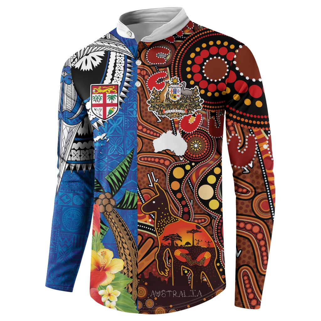 Fiji and Australia Together Button Sweatshirt Fijian Tapa Plants with Kangaroo and Aboriginal - Polynesian Pride