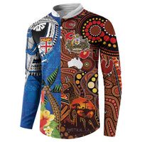 Fiji and Australia Together Button Sweatshirt Fijian Tapa Plants with Kangaroo and Aboriginal - Polynesian Pride