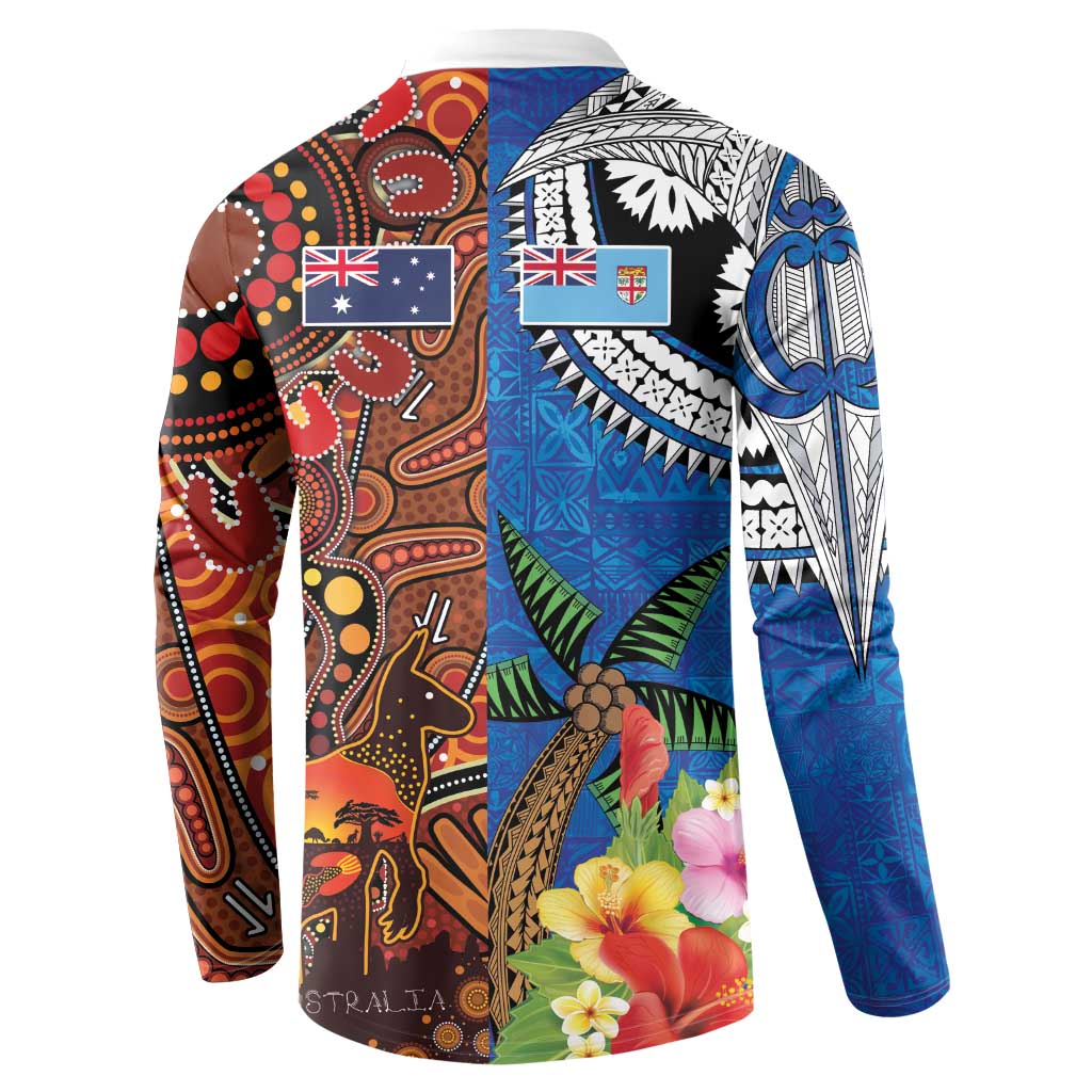 Fiji and Australia Together Button Sweatshirt Fijian Tapa Plants with Kangaroo and Aboriginal - Polynesian Pride