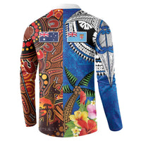 Fiji and Australia Together Button Sweatshirt Fijian Tapa Plants with Kangaroo and Aboriginal - Polynesian Pride