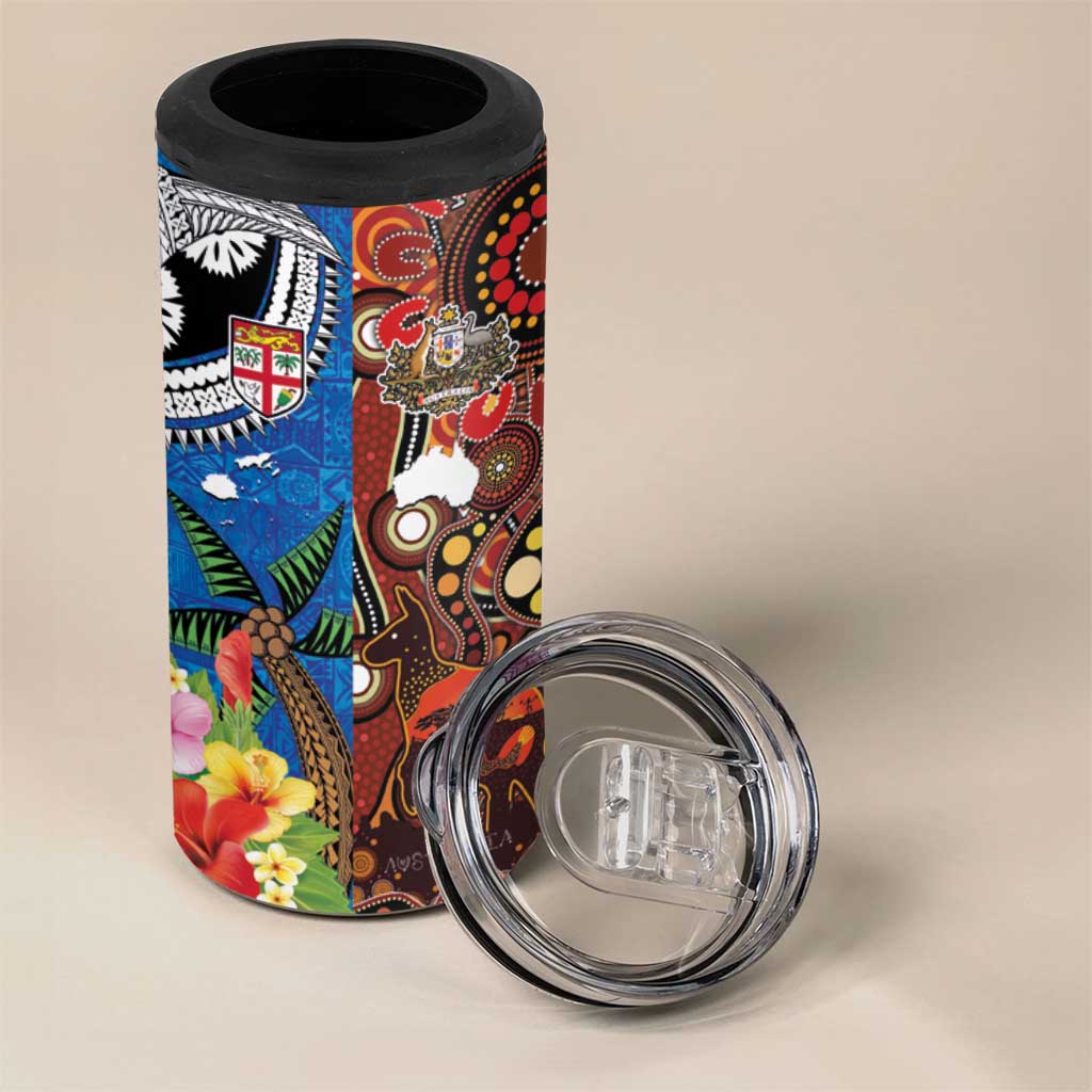 Fiji and Australia Together 4 in 1 Can Cooler Tumbler Fijian Tapa Plants with Kangaroo and Aboriginal - Polynesian Pride