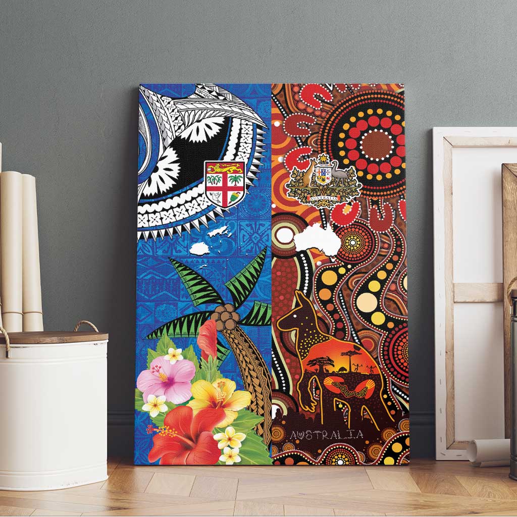 Fiji and Australia Together Canvas Wall Art Fijian Tapa Plants with Kangaroo and Aboriginal - Polynesian Pride