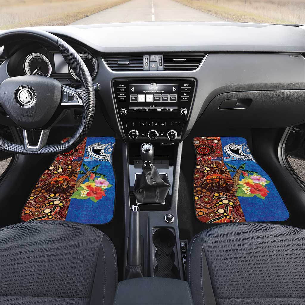 Fiji and Australia Together Car Mats Fijian Tapa Plants with Kangaroo and Aboriginal - Polynesian Pride