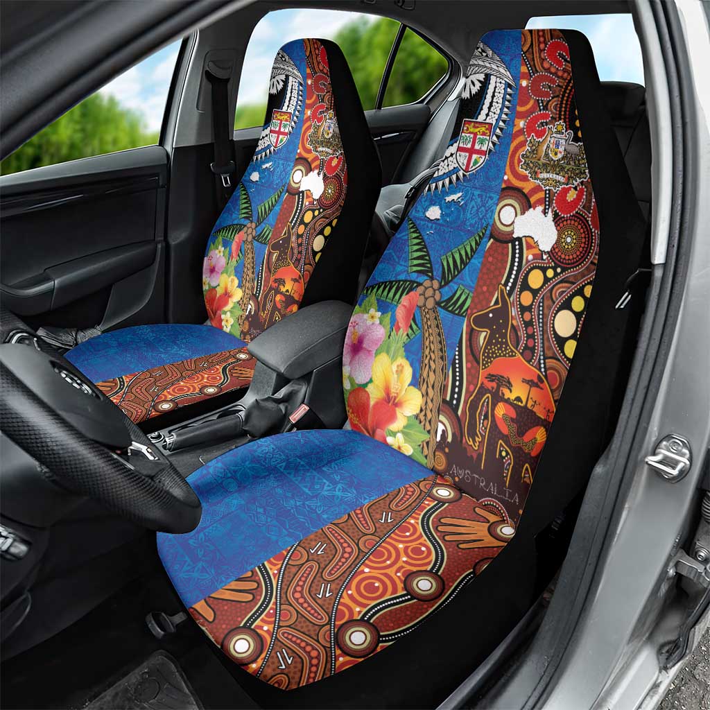 Fiji and Australia Together Car Seat Cover Fijian Tapa Plants with Kangaroo and Aboriginal - Polynesian Pride
