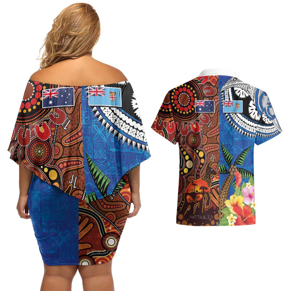 Fiji and Australia Together Couples Matching Off Shoulder Short Dress and Hawaiian Shirt Fijian Tapa Plants with Kangaroo and Aboriginal - Polynesian Pride